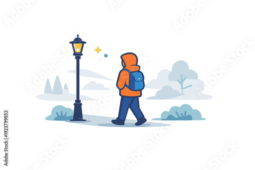 Taking foggy morning walks showing connection to nature with a figure, lamp post, and barely visible landscape forms. A serene editorial concept of quiet urban