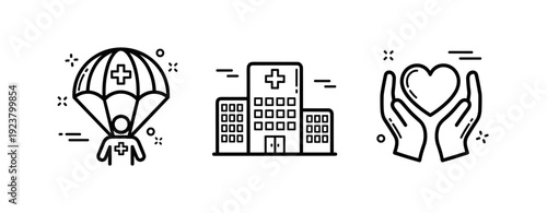 Healthcare icons: parachute medic, hospital building, heart in hands