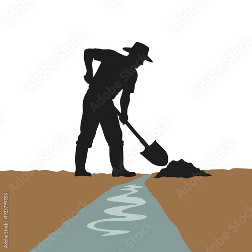 Farmer digging trench with shovel for irrigation