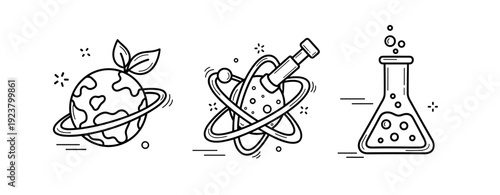 Science icons: earth with leaf, planet with atom, chemistry flask