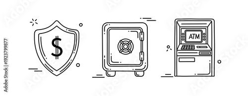 Secure banking icons: shield, safe, and atm illustrations in minimalist style