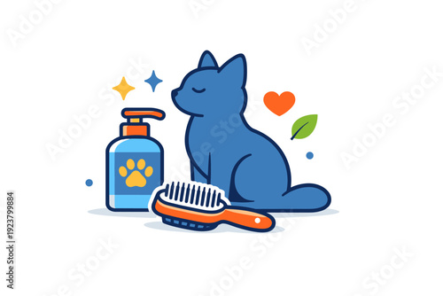 Pets lifestyle grooming and wellness moment with brush, shampoo bottle, and calm pet silhouette, conveying hygiene, health, and attentive