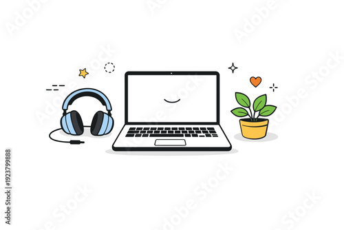 Remote work tools. A laptop, headphones, and a small plant form a simple home office setup, suggesting comfort and efficiency. The illustration highlights