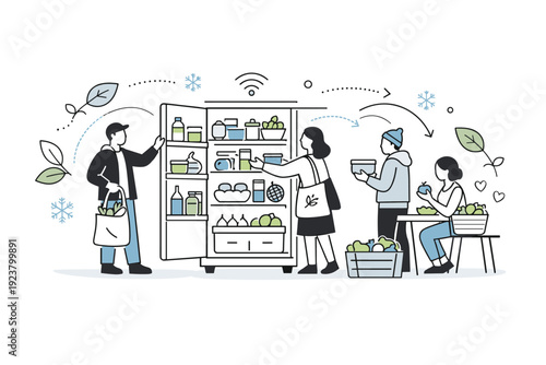 Shared cold storage hubs. Community fridge or co-op cold storage with people using shared access. Collective sustainability, food sharing, light abstract