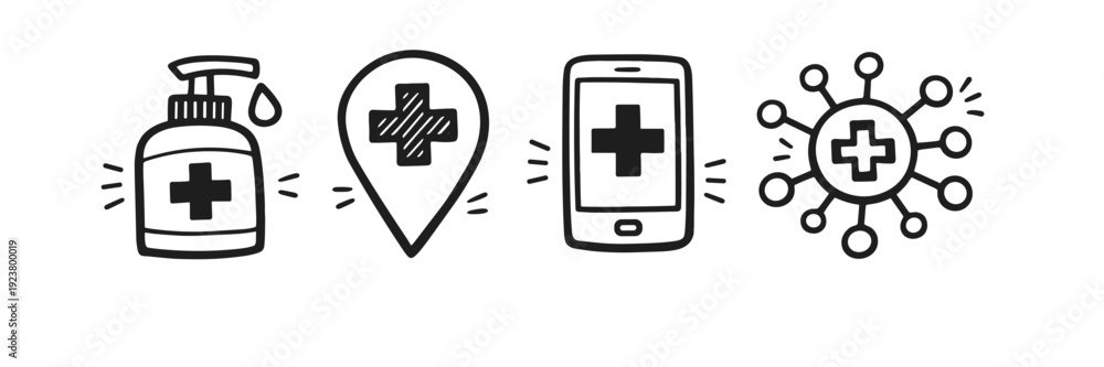 Obraz premium Healthcare icons: sanitizer, location, mobile app, virus symbol in black and white