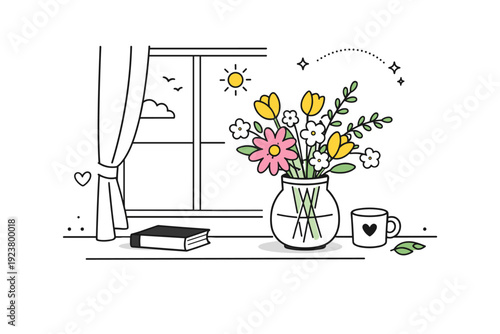 Unwrapped flowers in vases. A vase near a window holding loose flowers, suggesting natural light and everyday domestic calm. The illustration