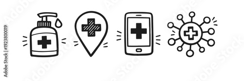 Healthcare icons: sanitizer, location, mobile app, virus symbol in black and white