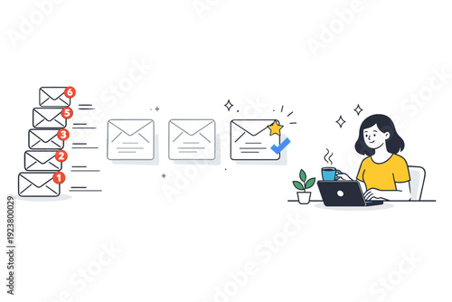 Morning email triage sessions. Simple scene of unread emails shrinking as important ones are highlighted, showing progress and clarity. Clean