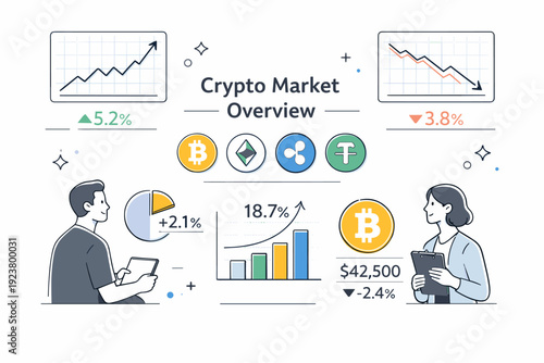 Crypto market overview. Simplified charts, percentage indicators, and cryptocurrency icons arranged neatly, focused and analytical