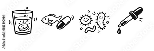 Black and white wellness icons featuring supplements and probiotics