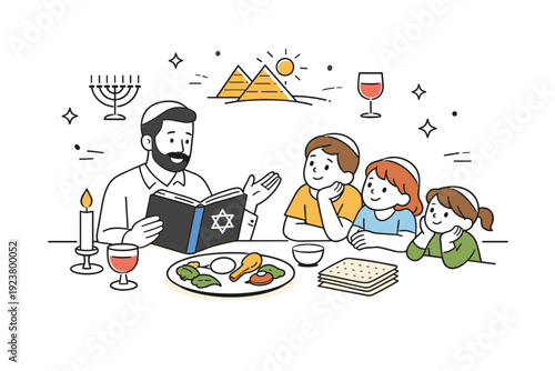 Passover storytelling with children. Cozy family scene with an adult reading from a book at the table while children listen attentively, feeling of tradition