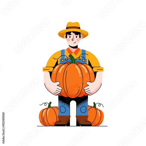 Farmer holding giant pumpkin with smaller pumpkins