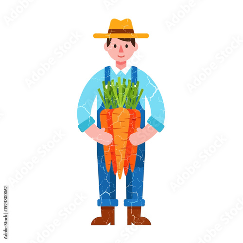 Farmer holding giant carrot with green tops