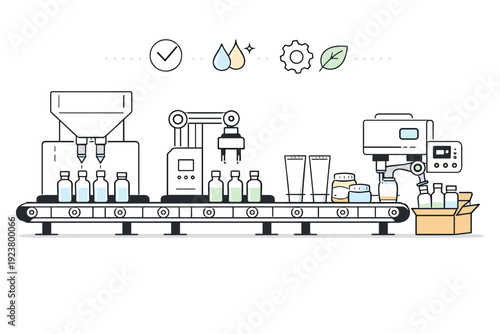 Minimalist skincare production scene. A soft factory-style setting with minimal clean machines filling bottles, calm workflow and sterile