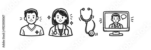 Healthcare staff and telemedicine icons: male and female medical professionals with stethoscope and video consultation