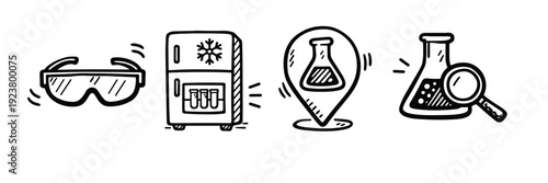 Science lab equipment icons featuring goggles, refrigerator, beaker location, and magnifying glass