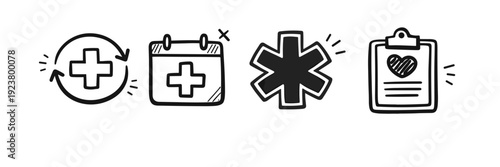 Hand-drawn medical icons: healthcare, calendar, star of life, heart clipboard