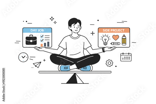 Side hustle. Modern editorial illustration showing a person balancing a main job and a personal project, represented by two simple panels or