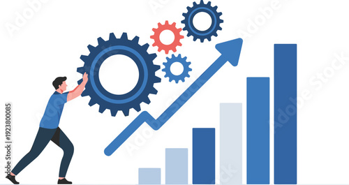 Business growth concept with gears arrow and bar chart showing progress success strategy illustration vector