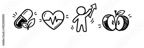 Simple health symbols: medicine, heartbeat, growth, fresh fruit icons