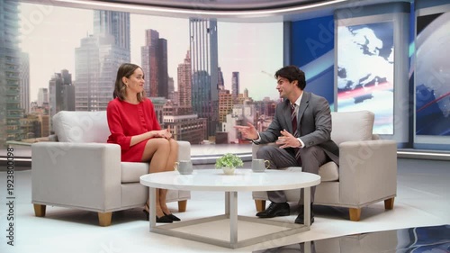 Morning Talk Show: Daytime TV Chat With a Male Host and Female Guest Writer Sharing Book Picks, Reading Trends, Q&A Interview, Lifestyle. Mockup Broadcasting Playback, Studio Screen Replacement