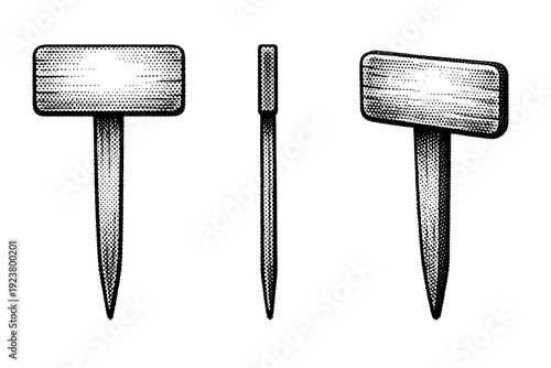 Plant shop label wooden plant marker label shown as a single object from three different angles: front view, side view, and three-quarter view. Black and white