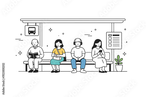 Public transport quiet scenes. Minimal wide scene of a bus stop interior with seated passengers waiting calmly. Stillness, patience, and everyday urban calm.