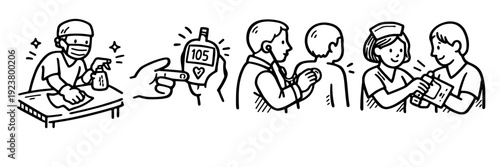 Healthcare safety and monitoring: hand sanitizing, blood sugar check, vaccination, blood pressure