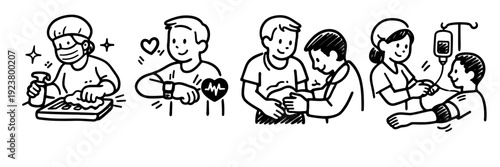 Cartoon healthcare scenes: surgery, heart monitoring, consultation, blood donation