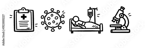 Medical icons: patient care, virus, hospital bed, microscope