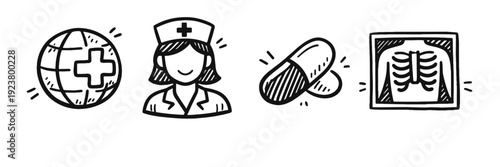 Healthcare icons: nurse, capsule, x-ray, medical globe symbol illustration