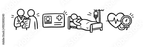 Medical care process: doctor consultation, patient id, hospitalization, heart monitoring