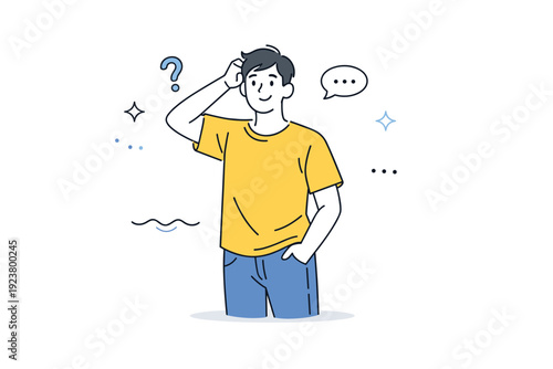 People scratching head casually. A relaxed person scratches their head while standing in an open space, body language loose and unforced. The