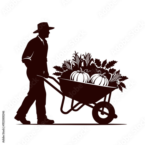 Farmer pushing wheelbarrow full of pumpkins and corn