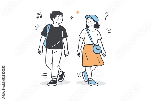People pausing to listen. Two people walking who stop mid-step, both turning slightly toward an unseen sound. Shared curiosity and gentle interruption of