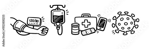 Medical care icons: blood pressure, iv drip, first aid kit, medication, virus symbol