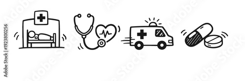 Healthcare icons: hospital bed, stethoscope, ambulance, medications