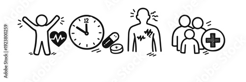 Healthcare icons: healthy lifestyle, medication timing, pain relief, family medical support