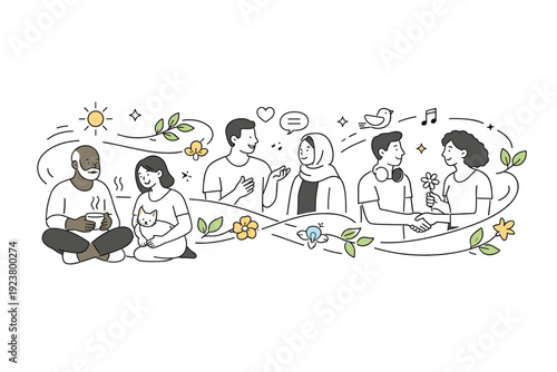 Spring unity concept. Diverse people calmly interacting, connected by flowing organic lines and spring elements like leaves and flowers. The scene feels