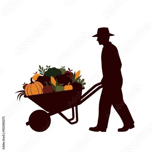 Farmer pushing wheelbarrow full of vegetables and fruits, harvest concept