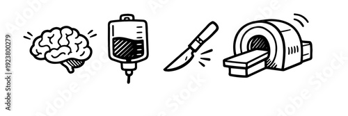 Medical icons: brain, iv drip, scalpel, mri scanner illustrations on white background