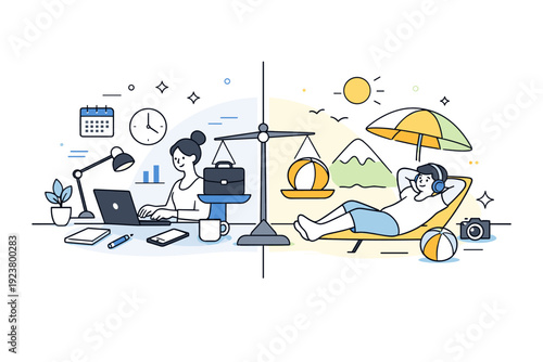 Healthy work life balance concept. A split yet harmonious scene where work tools and leisure elements coexist peacefully, showing balance