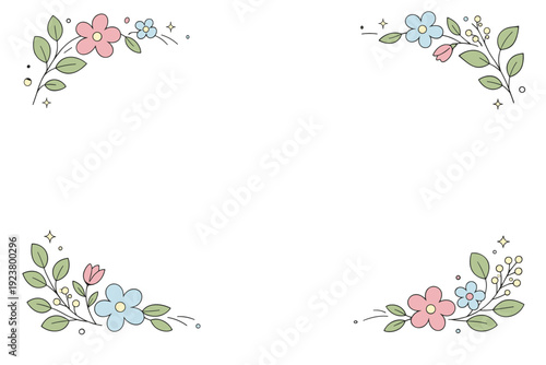Spring floral corner frame. Delicate flowers and leaves placed only in the corners, leaving open space in the center. Clean editorial look, subtle decoration,