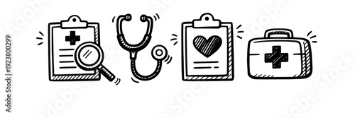 Black and white medical icons: stethoscope, clipboard, heart, first aid kit
