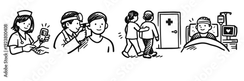 Healthcare journey: medical checkup, consultation, hospitalization for young asian male