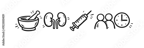 Healthcare illustration: medicine, kidneys, injection, patients, time management