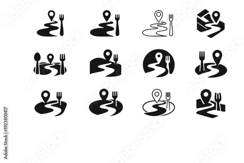 Food tasting tours. Icon set. Set Logo of Food tasting tours: culinary path symbol. harmonious logo variations of the same emblematic