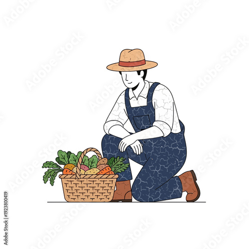 Farmer with fresh vegetables in a basket, healthy harvest, rural lifestyle illustration
