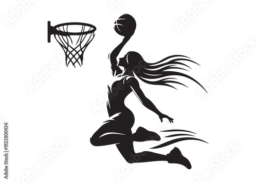 women's basketball dunking logo silhouette vector, basketball logo silhouette vector illustration, sport basketball logo vector, basketball player dunking logo vector silhouette on white background 