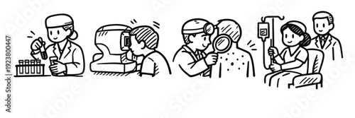 Cartoon medical scenes featuring doctors and patients with various activities